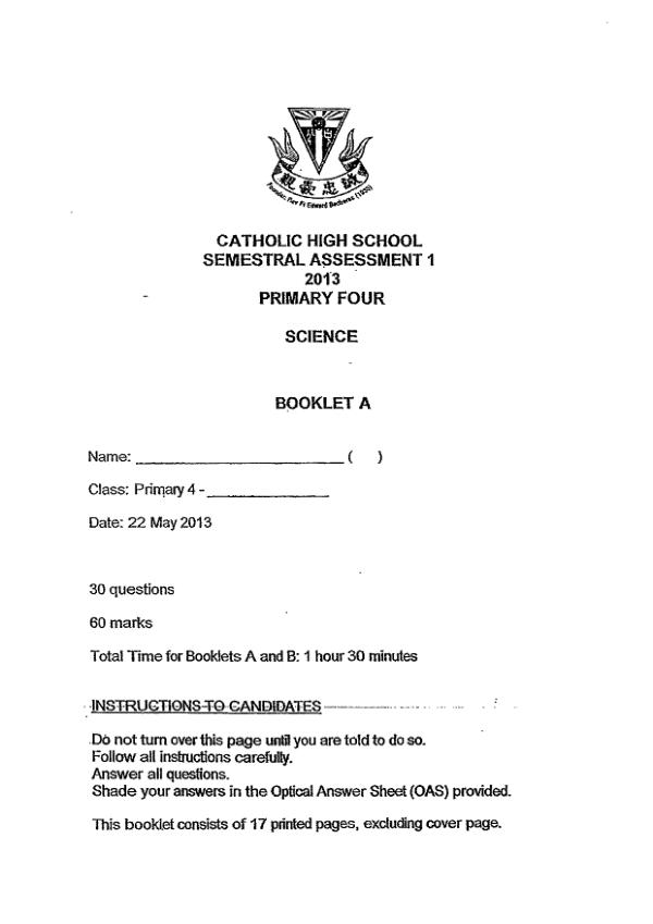 Catholic High P4 Sci WA2 2013 exam paper PDF preview