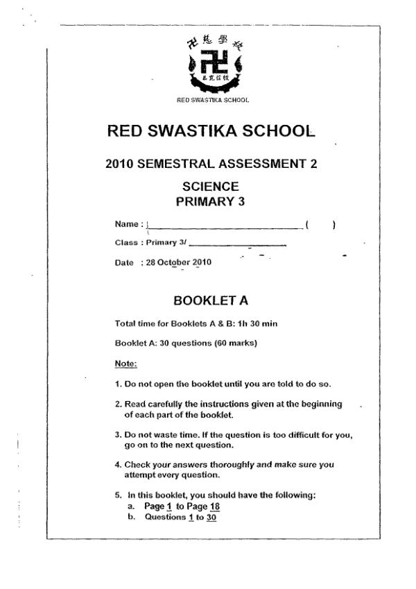 Red Swastika P3 Sci SA2 2010 exam paper PDF first page preview