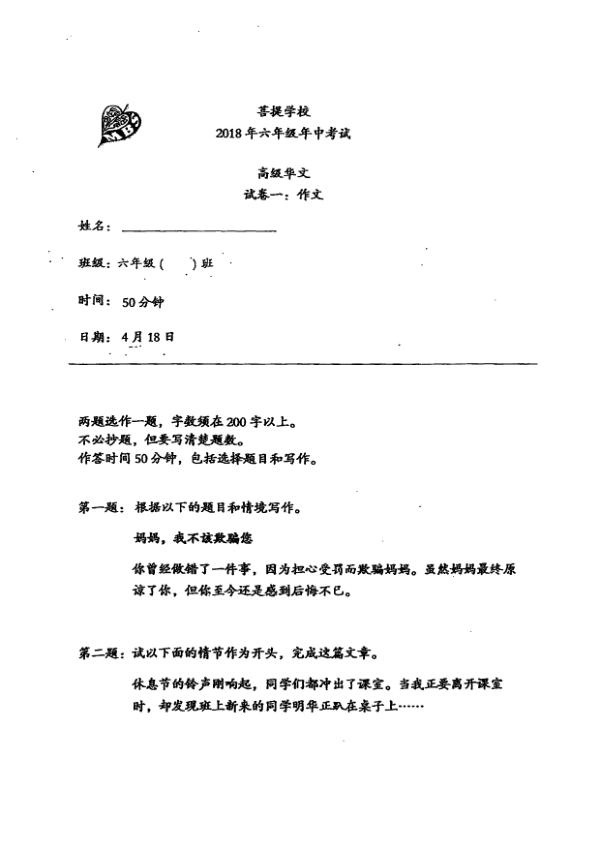 Maha Bodhi P6 Chi WA2 2018 exam paper PDF first page preview
