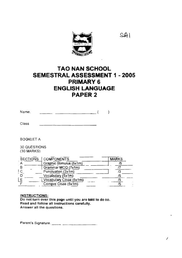 Tao Nan P6 Eng WA2 2005 exam paper PDF preview