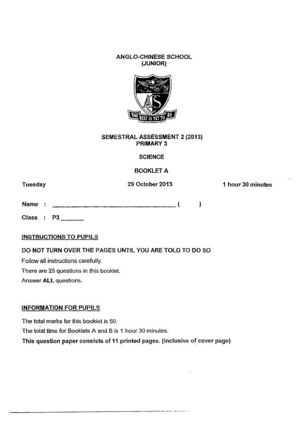 Anglo Chinese P3 Sci SA2 2013 exam paper PDF preview