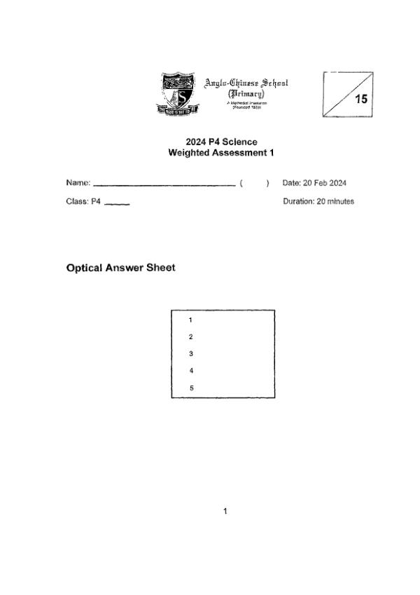 First page preview of P4 Sci 2024 WA1 — Anglo Chinese