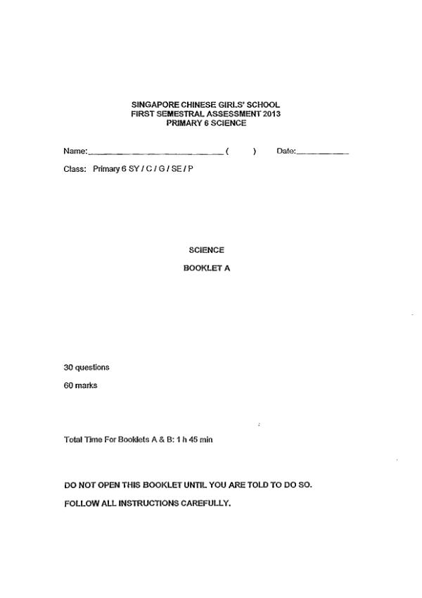 Singapore Chinese Girls P6 Sci WA2 2013 exam paper PDF first page preview