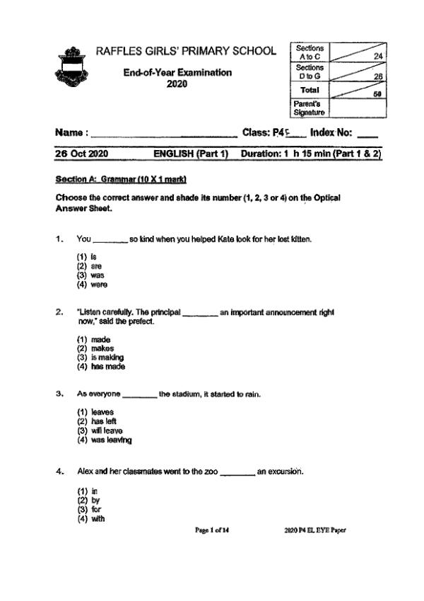Raffles Girls P4 Eng SA2 2020 exam paper PDF preview