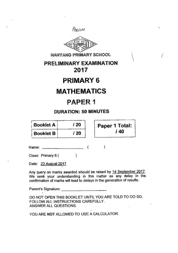 First page preview of P6 Math 2017 SA2 — Nanyang