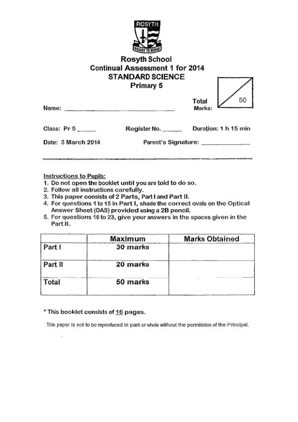 Rosyth P5 Sci WA1 2014 exam paper PDF preview