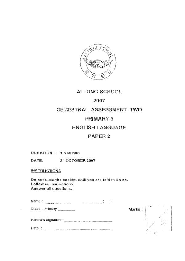 Ai Tong P5 Eng SA2 2007 exam paper PDF preview