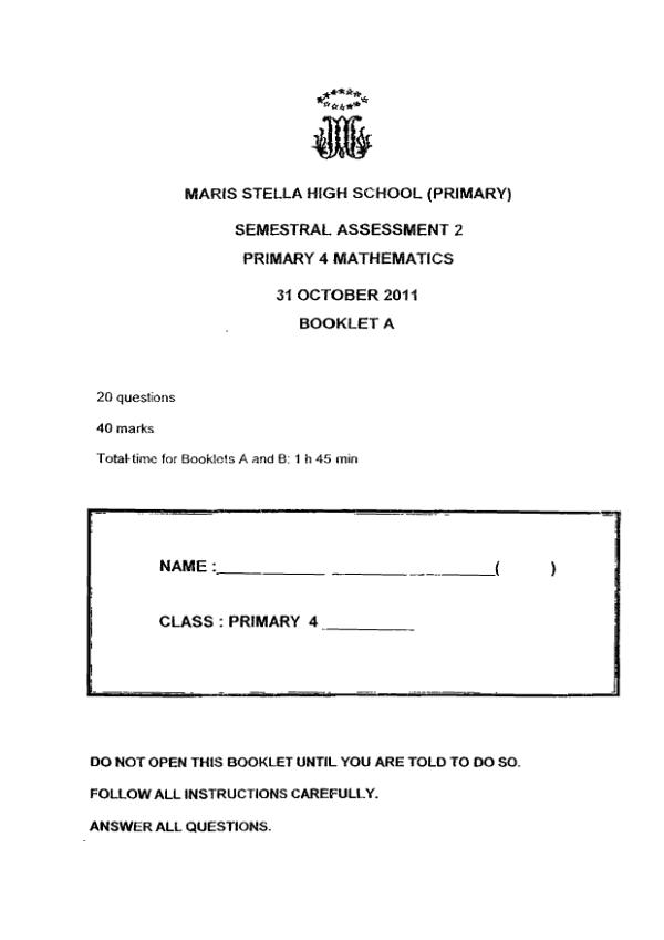 Maris Stella High P4 Math SA2 2011 exam paper PDF preview