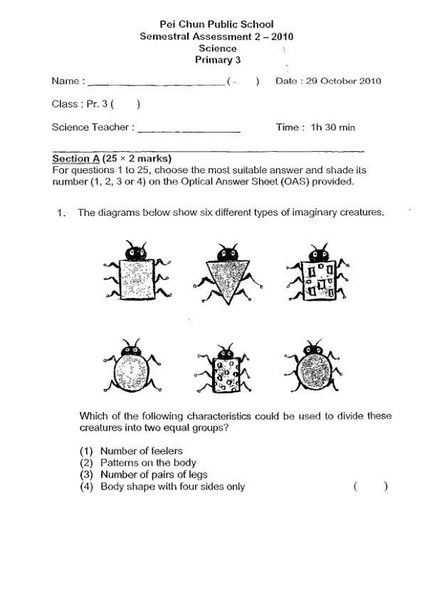 Pei Chun P3 Sci SA2 2010 exam paper PDF preview