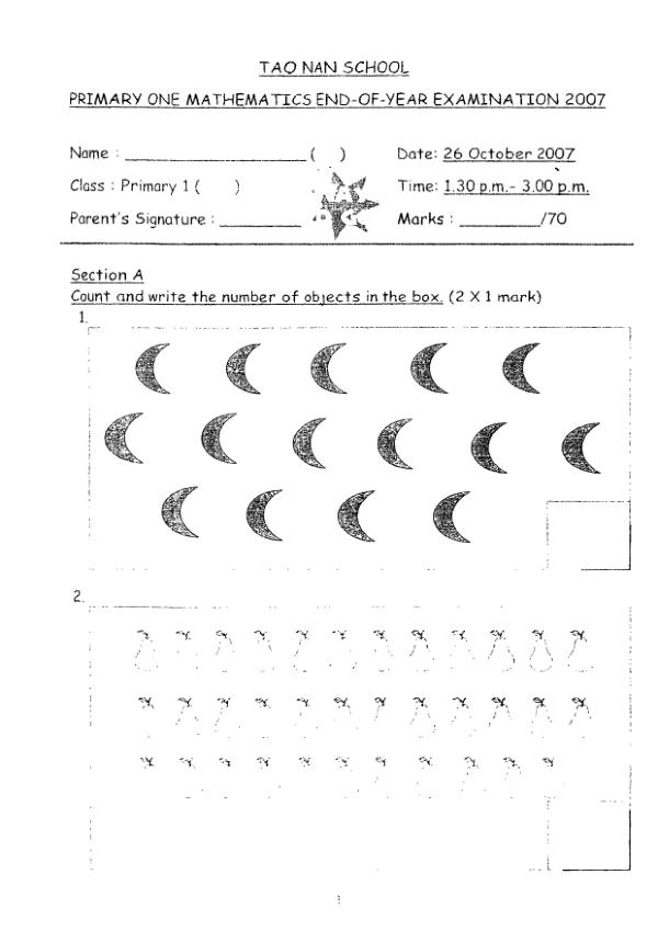 Tao Nan P1 Math SA2 2007 exam paper PDF first page preview