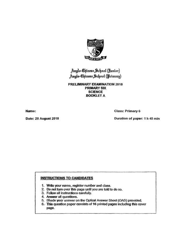 Anglo Chinese P6 Sci SA2 2018 exam paper PDF first page preview