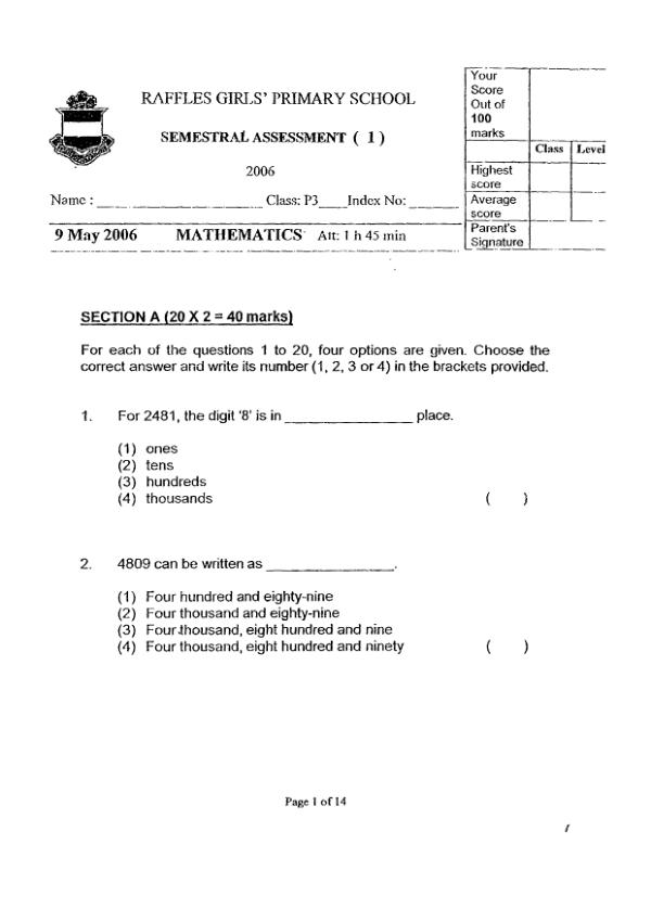 Raffles Girls P3 Math WA2 2006 exam paper PDF first page preview