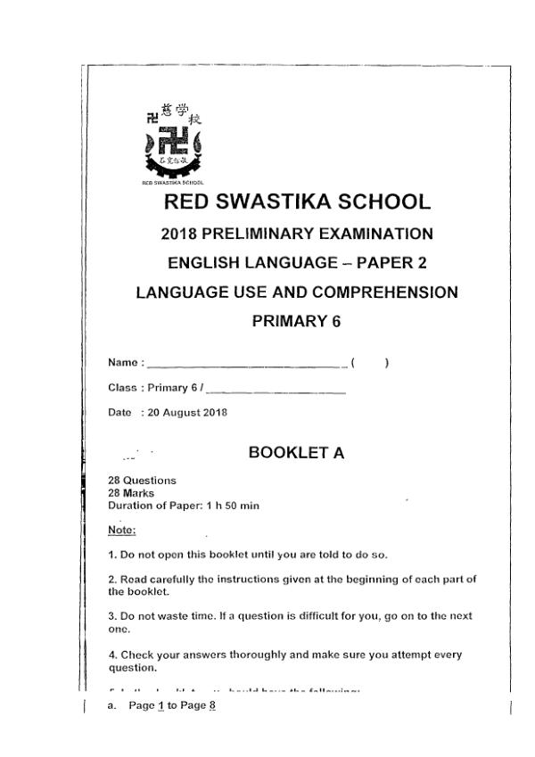 Red Swastika P6 Eng SA2 2018 exam paper PDF first page preview