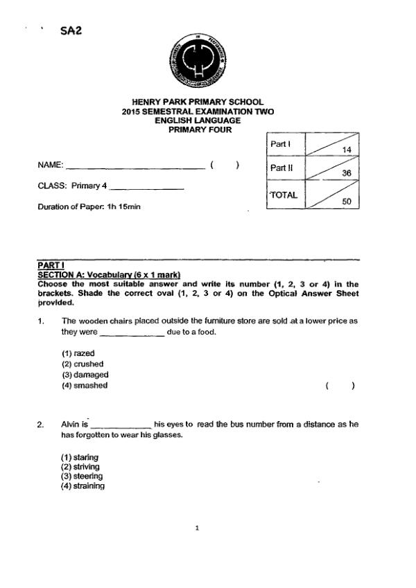 Henry Park P4 Eng SA2 2015 exam paper PDF first page preview