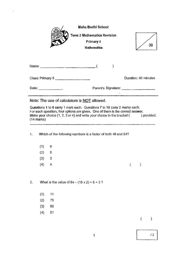 First page preview of P5 Math 2022 WA3 — Maha Bodhi