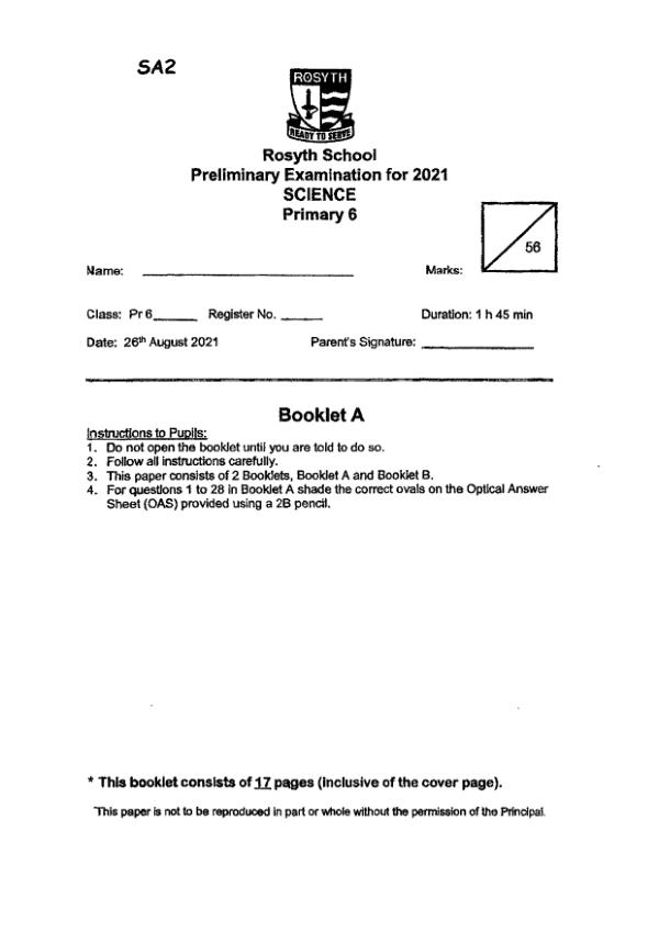 Rosyth P6 Sci SA2 2021 exam paper PDF first page preview