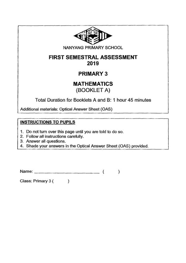 First page preview of P3 Math 2019 WA2 — Nanyang