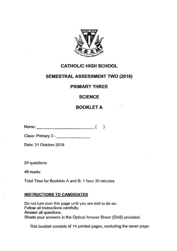 Catholic High P3 Sci SA2 2018 exam paper PDF first page preview
