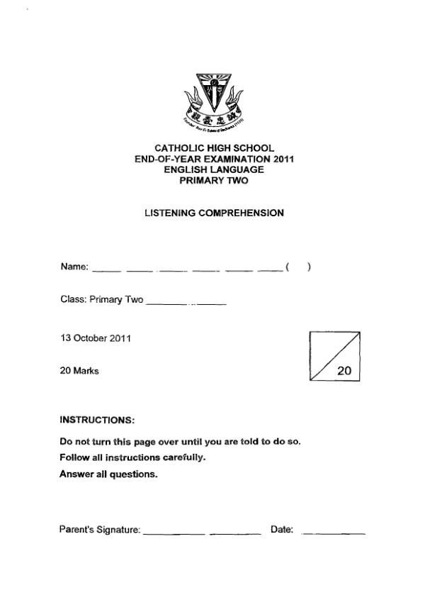 Catholic High P2 Eng SA2 2011 exam paper PDF preview