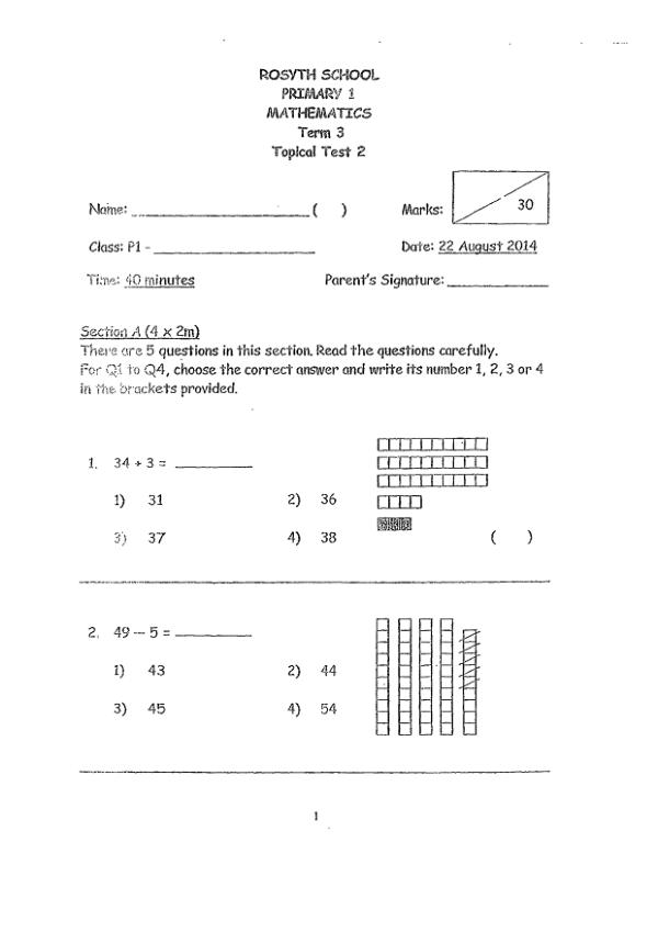 First page preview of P1 Math 2014 WA3 — Rosyth