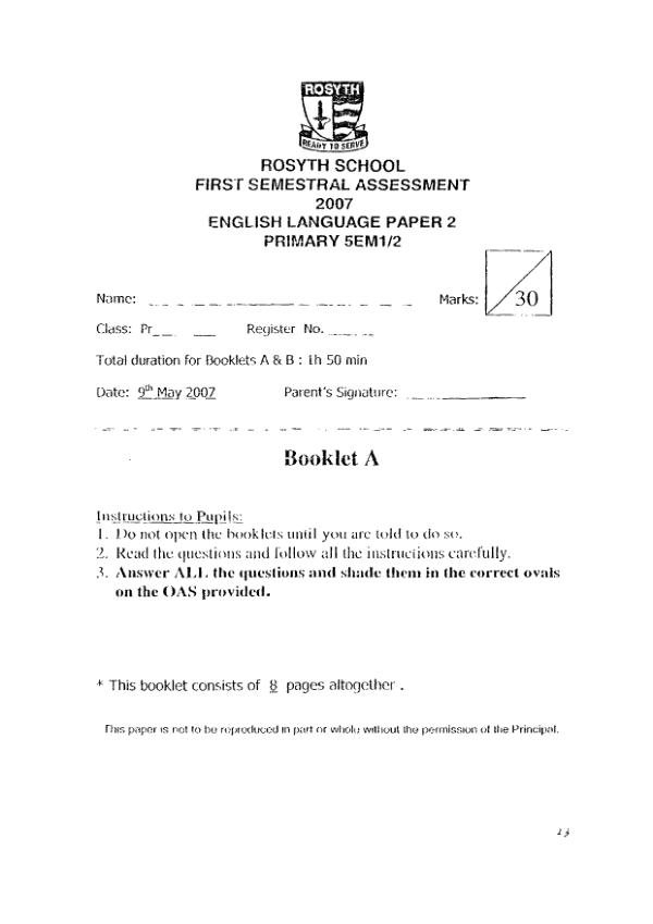 Rosyth P5 Eng WA2 2007 exam paper PDF preview