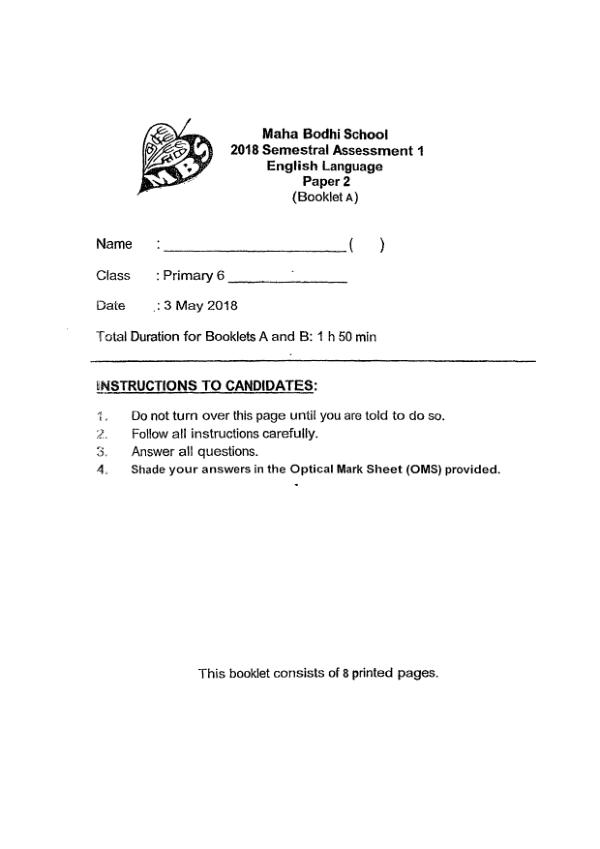 Maha Bodhi P6 Eng WA2 2018 exam paper PDF first page preview