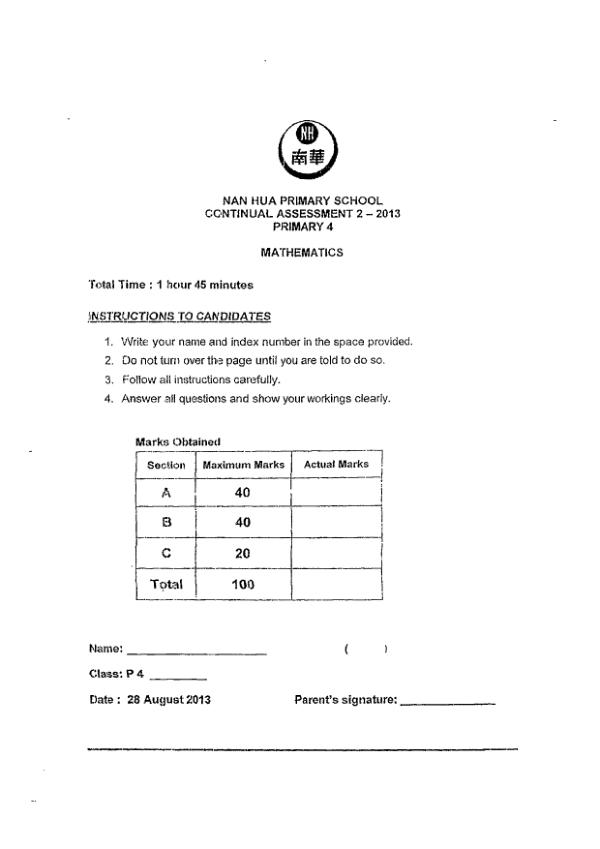 Nan Hua P4 Math WA3 2013 exam paper PDF preview