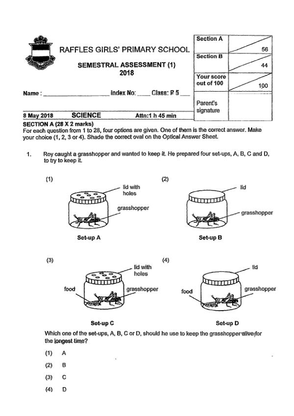 Raffles Girls P5 Sci WA2 2018 exam paper PDF first page preview
