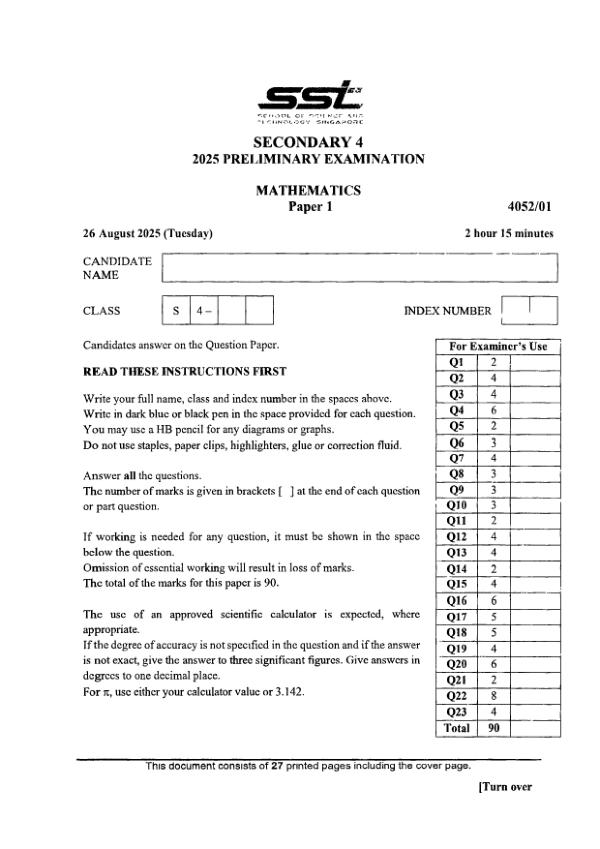 School of Science and Technology Sec4 E_Maths Prelim 2025 exam paper PDF preview