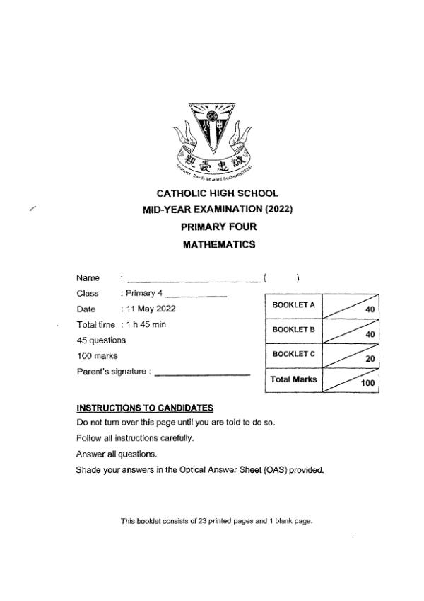 First page preview of P4 Math 2022 WA2 — Catholic High