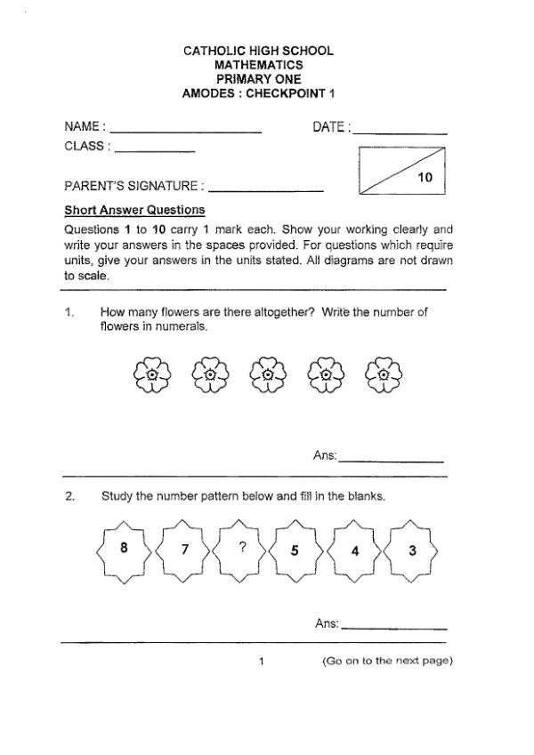 First page preview of P1 Math 2018 WA1 — Catholic High