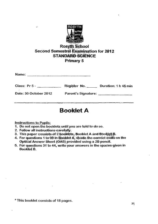 Rosyth P5 Sci SA2 2012 exam paper PDF preview