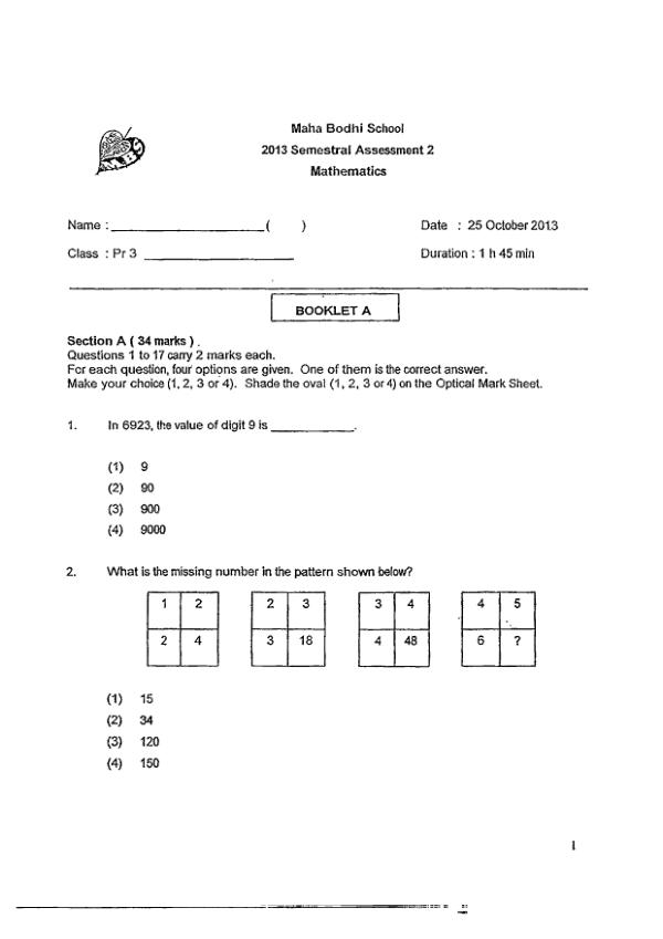 Maha Bodhi P3 Math SA2 2013 exam paper PDF preview