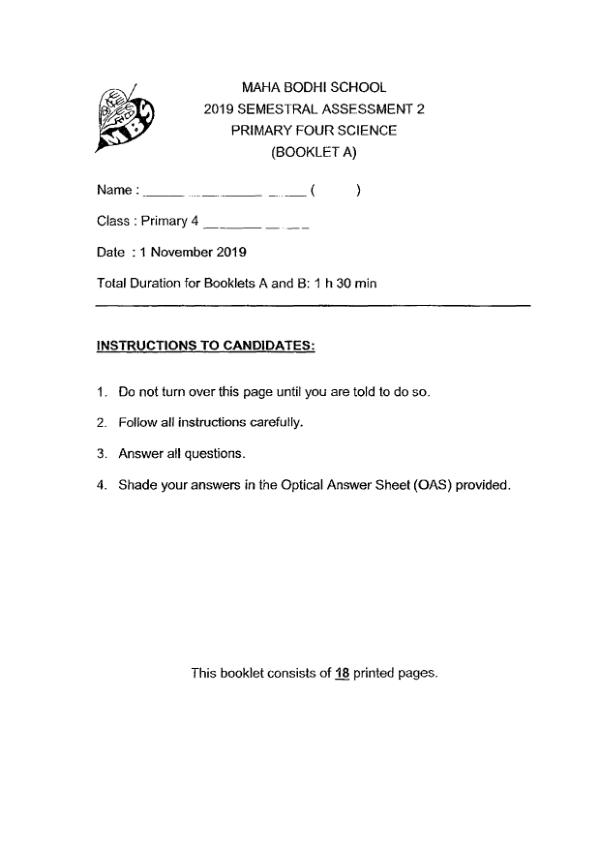 Maha Bodhi P4 Sci SA2 2019 exam paper PDF first page preview