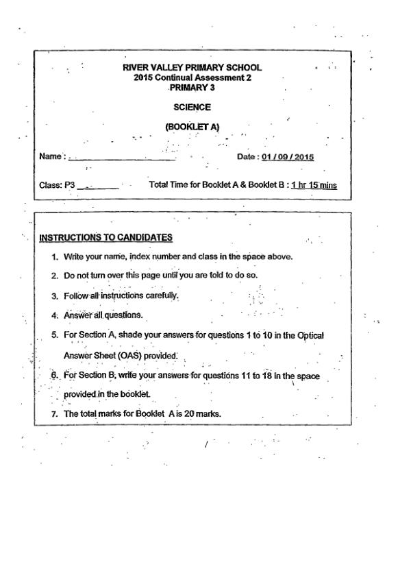 River Valley P3 Sci WA3 2015 exam paper PDF first page preview