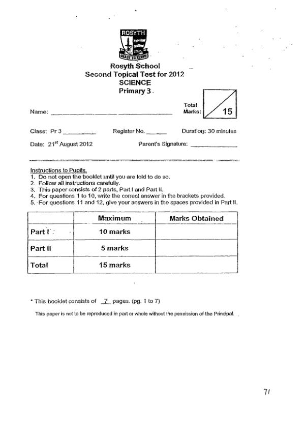 Rosyth P3 Sci WA3 2012 exam paper PDF first page preview
