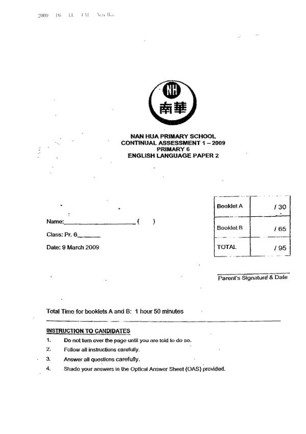 Nan Hua P6 Eng WA1 2009 exam paper PDF preview
