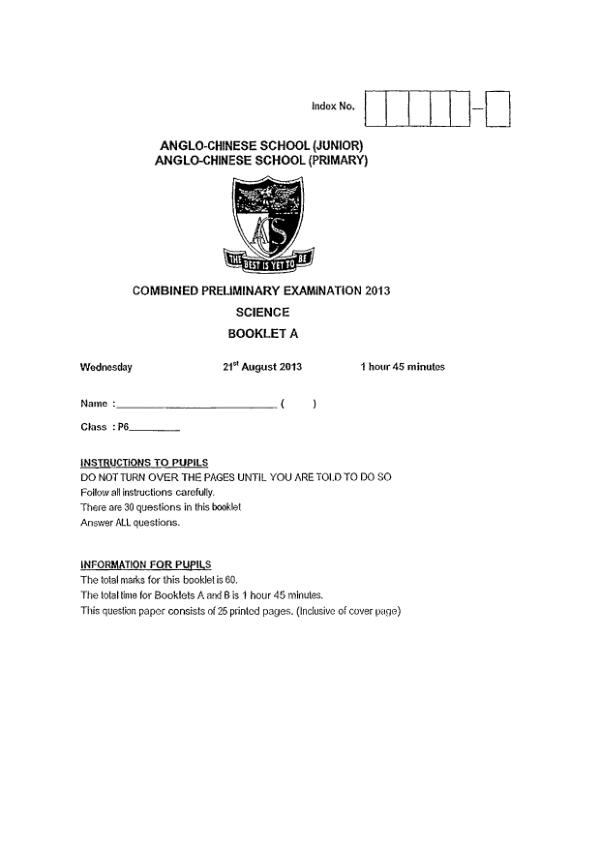 Anglo Chinese P6 Sci SA2 2013 exam paper PDF first page preview