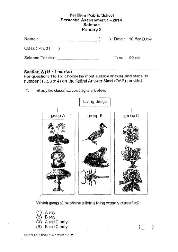 Pei Chun P3 Sci WA2 2014 exam paper PDF first page preview