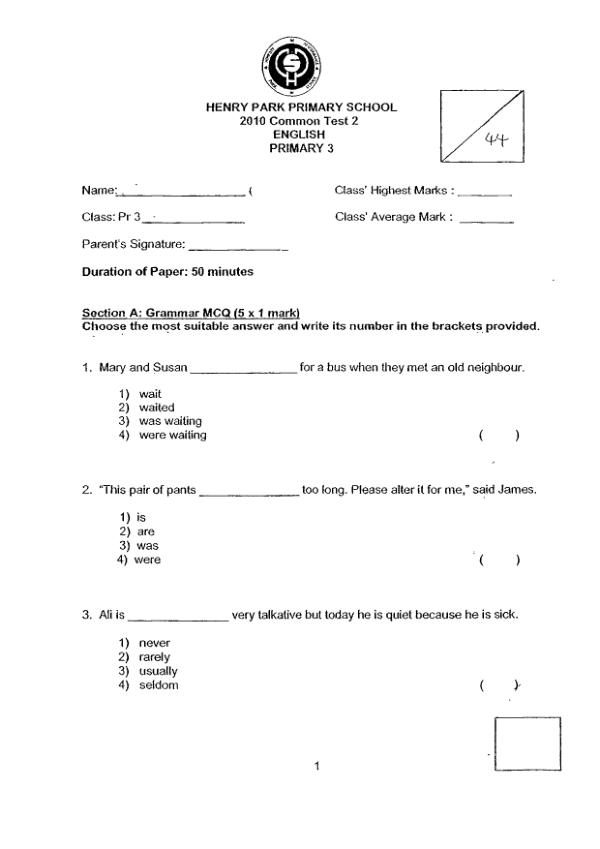 Henry Park P3 Eng WA3 2010 exam paper PDF preview