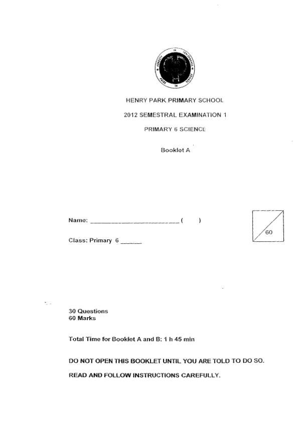 Henry Park P6 Sci WA2 2012 exam paper PDF preview