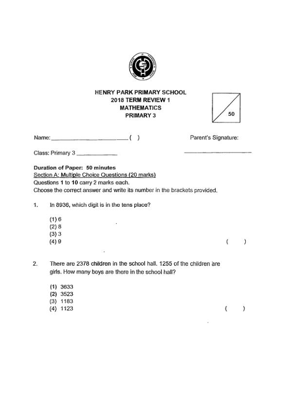 First page preview of P3 Math 2018 WA1 — Henry Park
