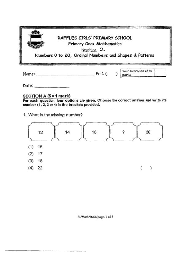 Raffles Girls P1 Math WA2 2013 exam paper PDF first page preview