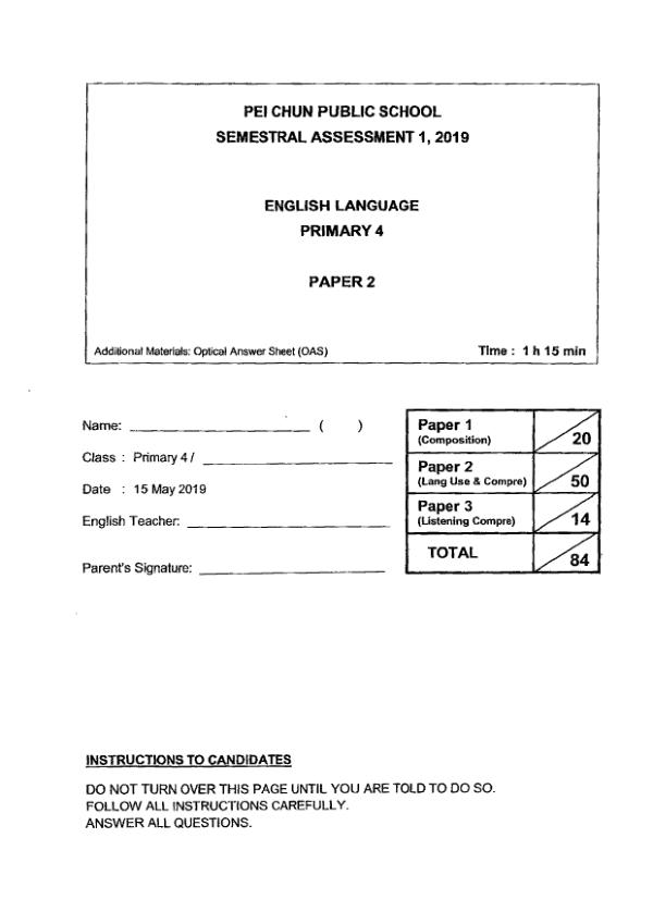 Pei Chun P4 Eng WA2 2019 exam paper PDF first page preview