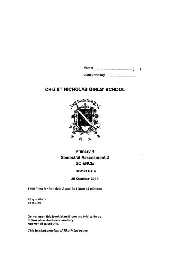 CHIJ P4 Sci SA2 2018 exam paper PDF preview