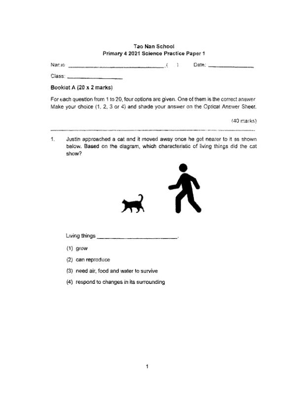 Tao Nan P4 Sci WA1 2021 exam paper PDF first page preview