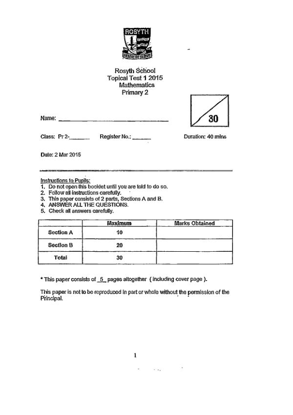 First page preview of P2 Math 2015 WA1 — Rosyth