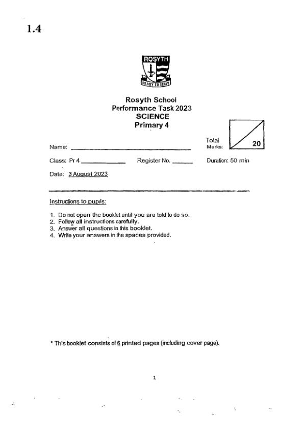 Rosyth P4 Sci WA3 2023 exam paper PDF first page preview