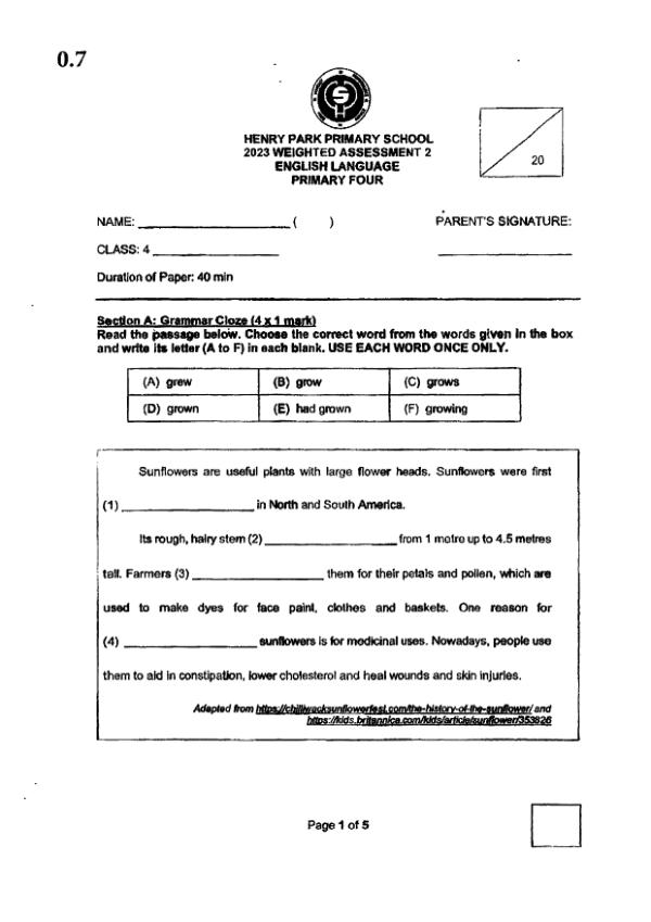 Henry Park P4 Eng WA2 2023 exam paper PDF first page preview
