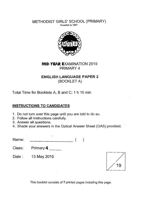 Methodist Girls P4 Eng WA2 2019 exam paper PDF first page preview